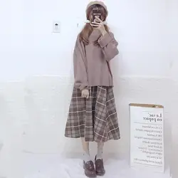 2019 осенне-зимний праздничный Женский комплект из 2 предметов, вязаный свитер большого размера, клетчатая юбка-миди цвета хаки, японский