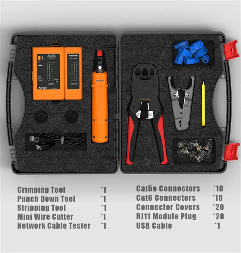 Network Tool Kit, AMPCOM 11 in 1 Professional Portable Ethernet Computer Maintenance LAN Cable Tester Repair Set