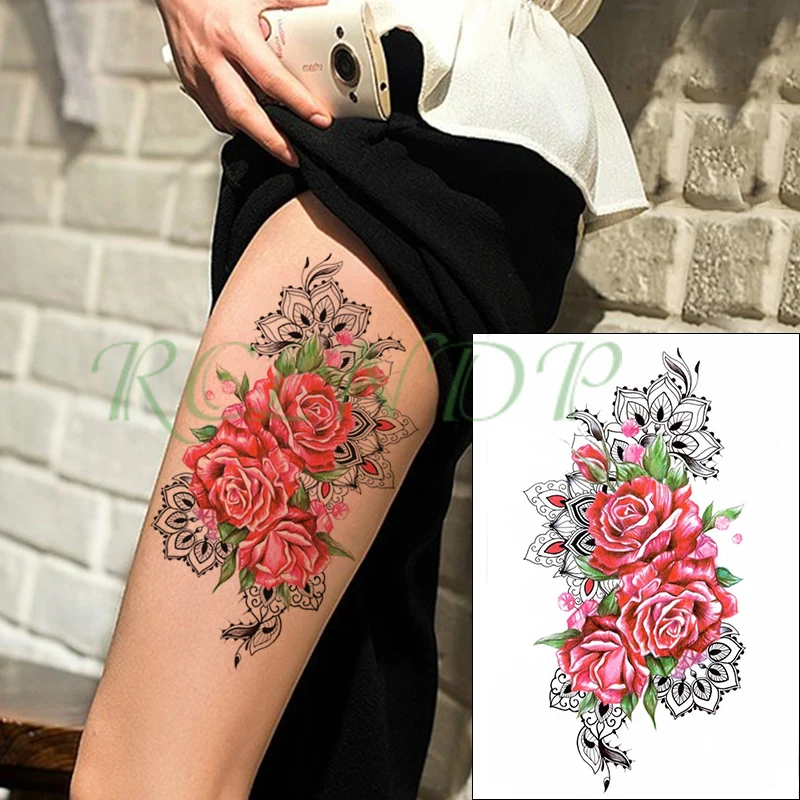 Waterproof Temporary Tattoo Sticker red rose flower leaf geometric triangle tattoos Fake Tatto Flash Tatoo for Girl Women Men - Цвет: Сливовый