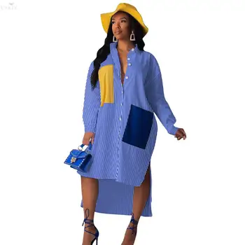 

Women Dress Elegant Stripes Print Pocket Splicing Irregular Maxi Dress Long Sleeve Shirt Dresses Womens Clothing