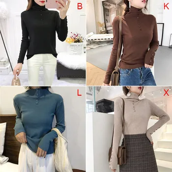 

Women Casual Solid Color Sweater Slim Fit Turtleneck Button Autumn Winter Ladies Waem Sweater Jumper Clothes