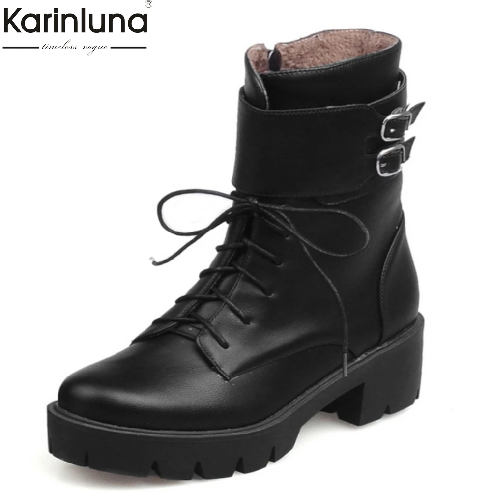 

Karinluna 2019 big Size 43 top Quality cool Non-slip Shoes Woman Square Heel motorcycle boot female shoelaces Women Ankle Boots