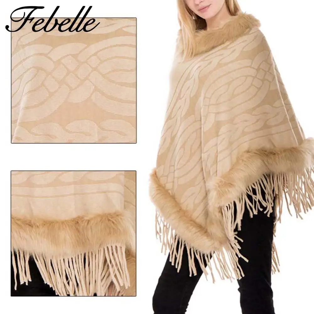 Fashion Women Winter Faux Fur Collar Scarf Warm Jacquard Knit Shawl Pashmere Female Fringed Cloak with An Imitation Cashmere Pon