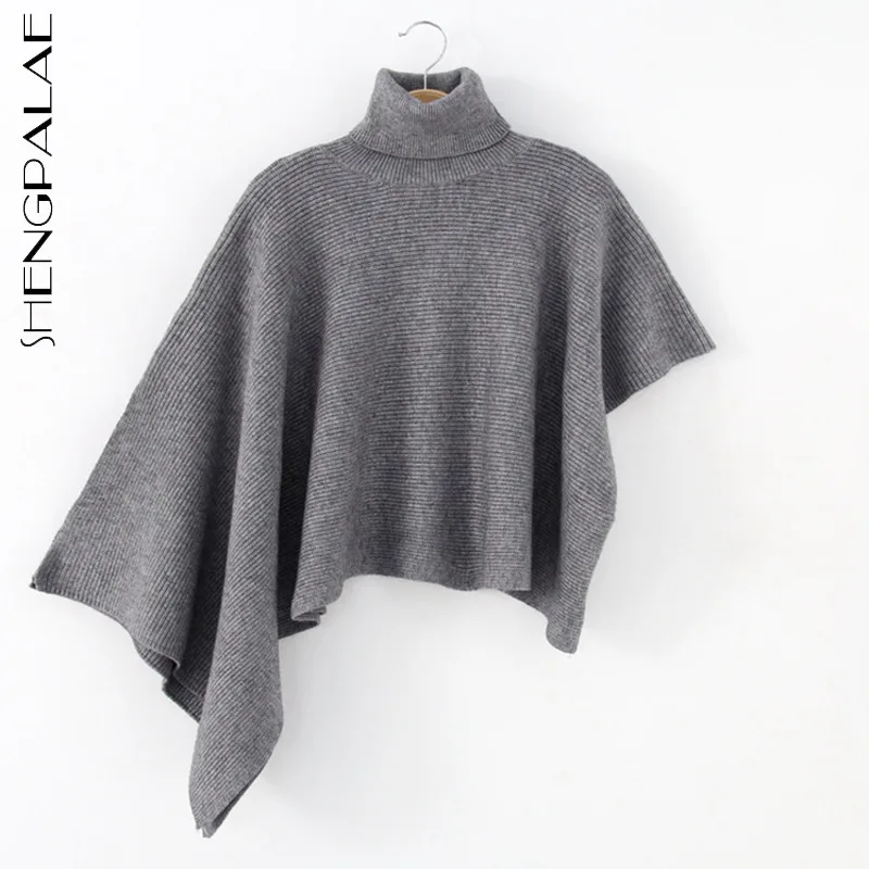 SHENGPALAE Turtleneck Shawl Pullover Sweater For Women's Autumn Winter 2021 New Loose Irregular Cape Knitted Tops Fashion 5A942 | Женская