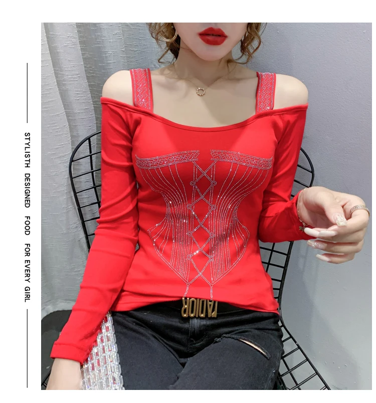 2020 Autumn new woman tshirts Fashion sexy off the shoulder women t-shirt long sleeve Hot drilling plus size women clothing