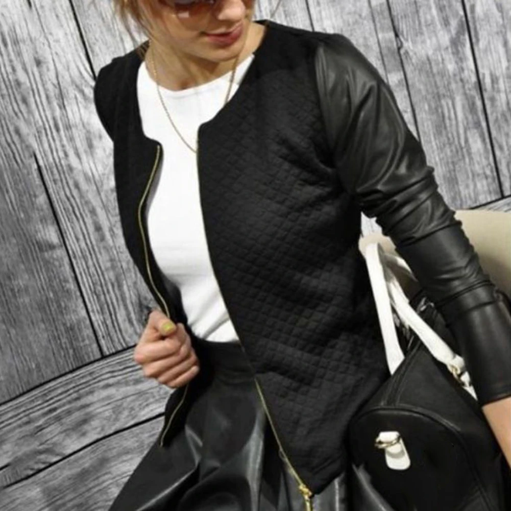 2020 модная женская куртка из искусственной кожи в стиле пэчворк с длинным рукавом