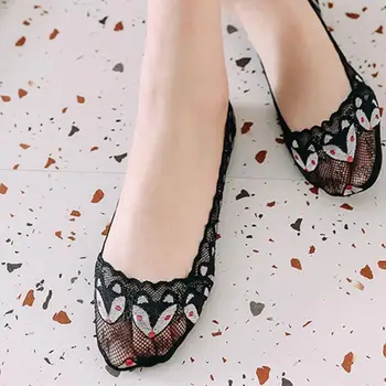 

Women Summer Lace Low Cut No Show Liner Socks Cute Cartoon Animal Cotton Bottom Casual Invisible Non-Skid Thin Hosiery