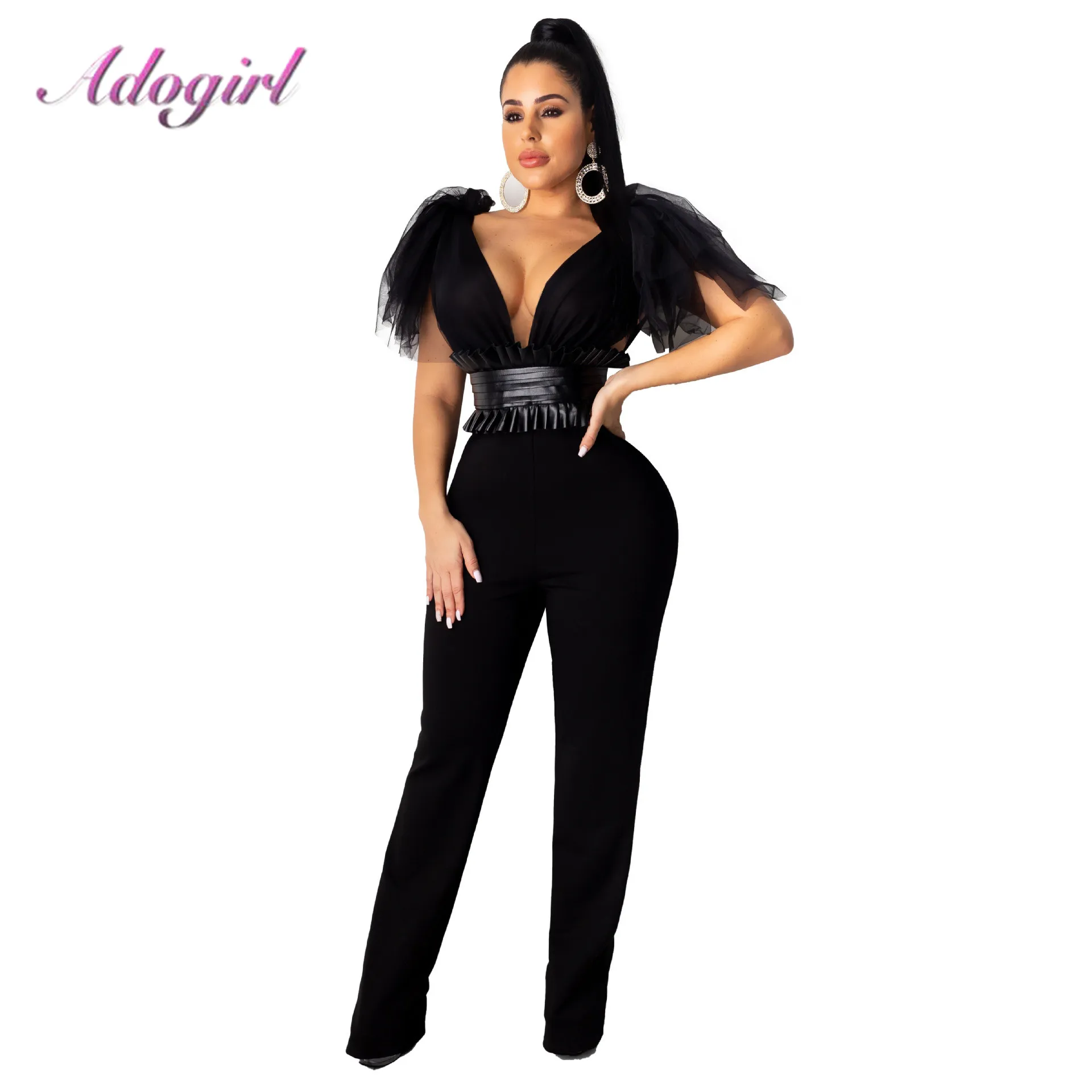 

Sexy Sheer Mesh Patchwork Bow Shoulder Night Party Club Jumpsuit Women Deep V Neck Sleeveless With Belt Rompers Outfit Overalls