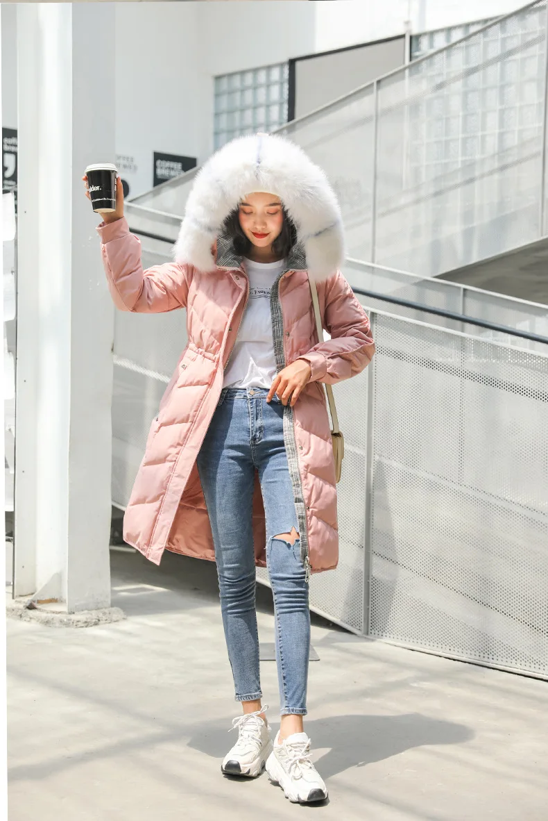 Женский пуховик стиль Южная Корея Dongdaemun средней длины толстый белый утиный пух большой меховой воротник женский пуховик