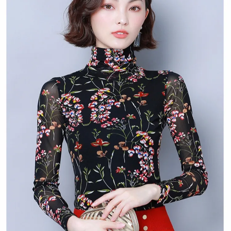

Tight T-shirt Female Long Sleeve Underwear Autumn And Winter Large Size Floral Gauze Tops Western Style Shirt High Collar Base S