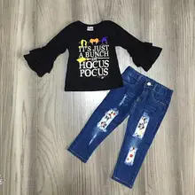 Новые поступления коллекции Осень/Зима Хэллоуин для волос, для маленькой девочки Изысканная одежда джинсы с черным топом хлопковые брюки комплект детской одежды с оборками