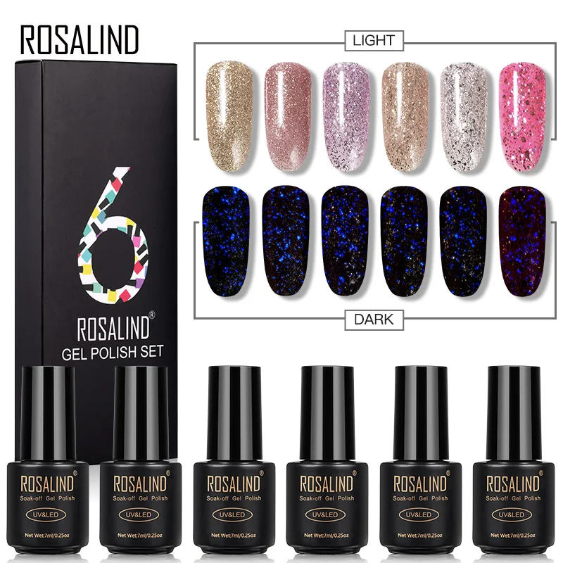 ROSALIND гель лак для ногтей 6 шт. светящийся розовый Золотой набор Гибридный лак все для маникюра Набор для ногтей Платиновый гель лак УФ светодиодный светильник