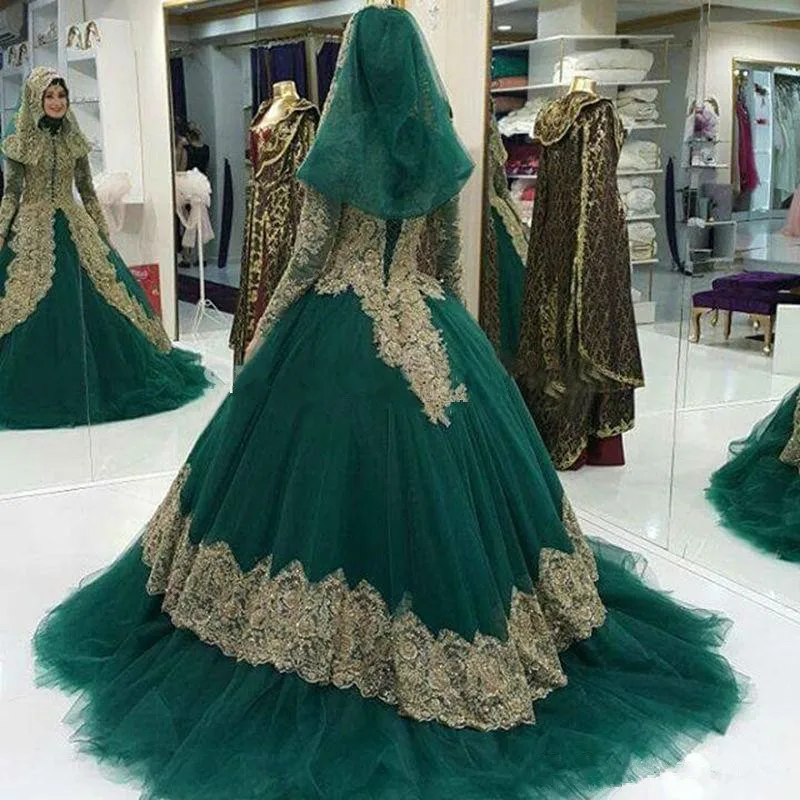 arabic-hunter-green-and-gold-lace-muslim-ball-gown-wedding-dresses-high-collar-long-sleeves-floor-length-hijab-plus-size-bridal-gown (4)_副本