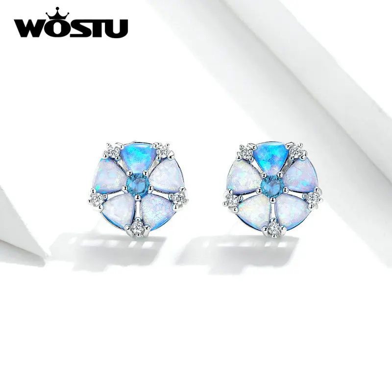 WOSTU Новое поступление серьги-гвоздики с голубым опалом для женщин ослепительные циркониевые цветущие цветы в форме пятиугольника ювелирные изделия серьги XCNE204