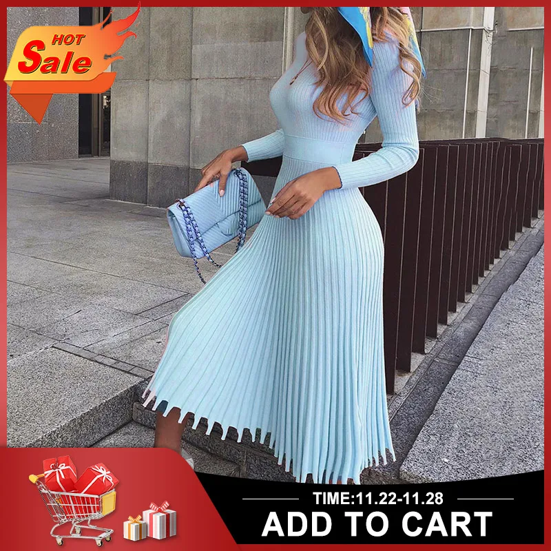 

Women Pleated Sweater Dress 2019 Autumn Winter Retro Blue Elegant Party Office Ladies Midi Vestido Purple Causal A Line Dresses