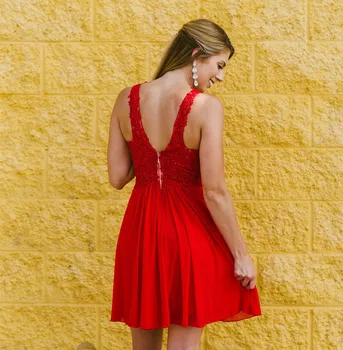 

Red Lace Appliques Tops Chiffon Short Cocktail Party Homecoming Dresses vestidos de coctail