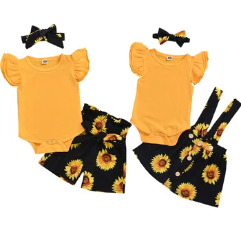 

3PCS Toddler Baby Girls Summer Ruffle Tops Body suit Romper Sunflower Pants Skirts Outfits Set