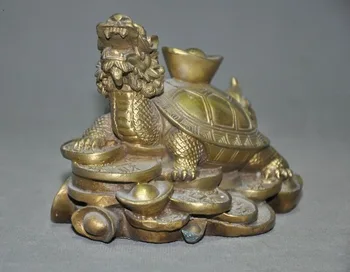 

old Chinese Feng Shui brass auspicious wealth yuanbao coin Dragon turtle statue