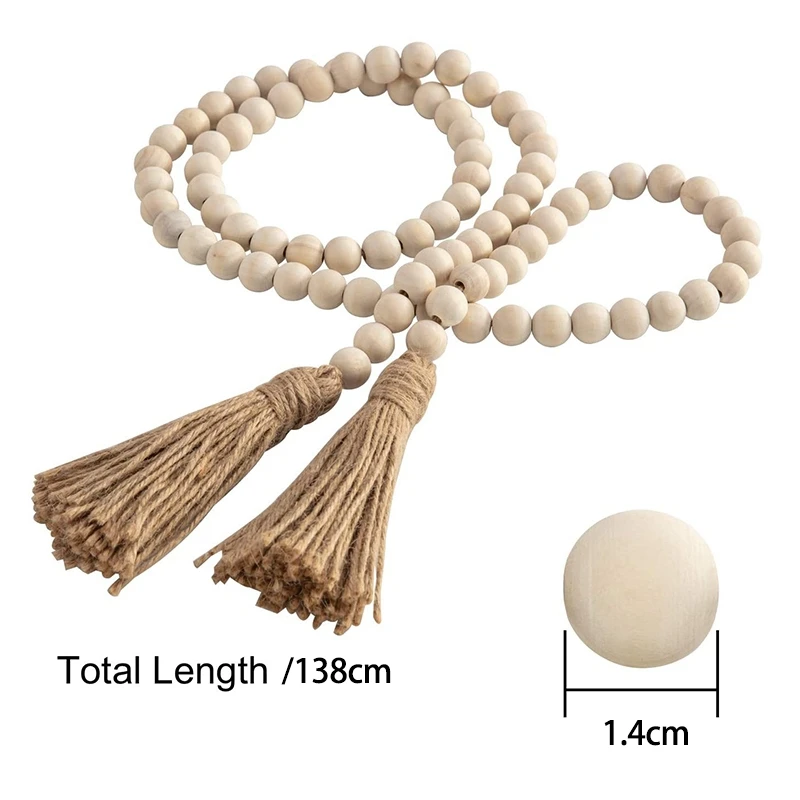 Promotion! 2 Sets Big Wood Bead Garland,54 Inch Farmhouse Rustic Country Beads with Tassels Prayer Beads Wall Hanging Décor