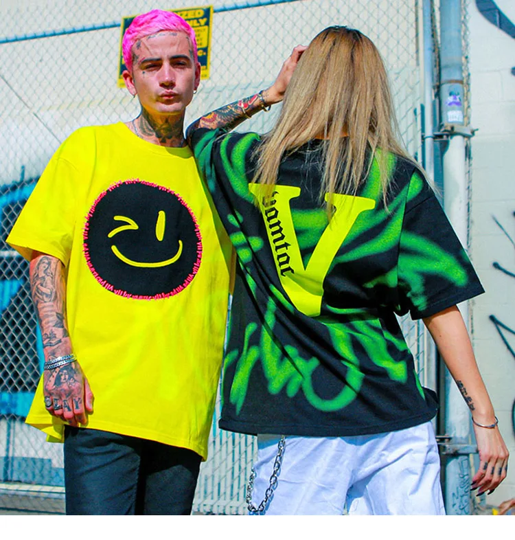T Shirt Streetwear Men Smile Face Print Hip Hop T-Shirt Oversize Harajuku Tshirt Short Sleeve Cotton Yellow Tops Tees Loose
