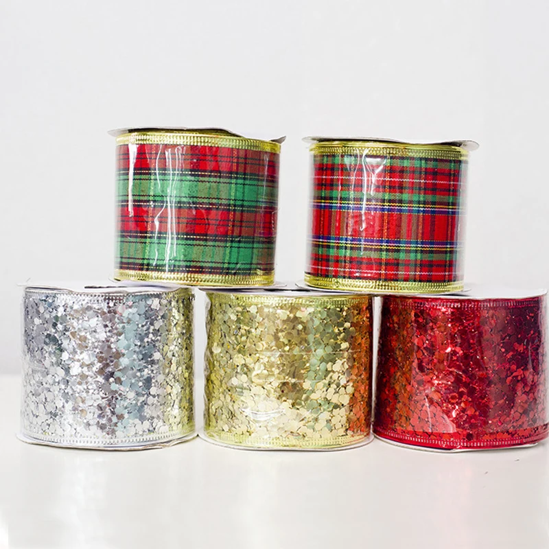 Christmas Decorations 9pc/set Ribbon Trim Satin Grosgrain Gold Red Elk Plaid Webbing Tree Decor DIY Bowknot Gift Wrapping Strap