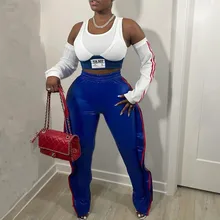 New Trendy Autumn Winter Women Ruffles Striped PU Leather Slim Pants