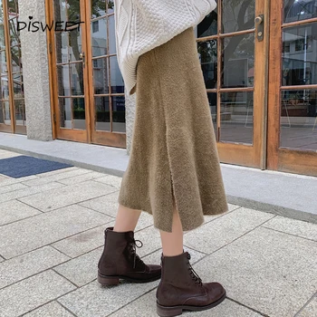 

Harajuku Thickened Mink Fur Skirt Ladies Korean High Waist Split Skirt Woman Simple Solid Color Loose Straight Skirt Women 2019