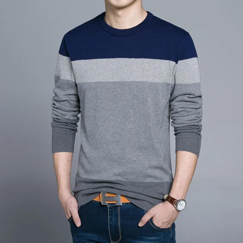 Осень-зима мужские свитера Slim Fit Patchwork мужские пуловеры с круглым вырезом мужской свитер новая мода хлопок вязаный пуловер - Цвет: Deep Blue