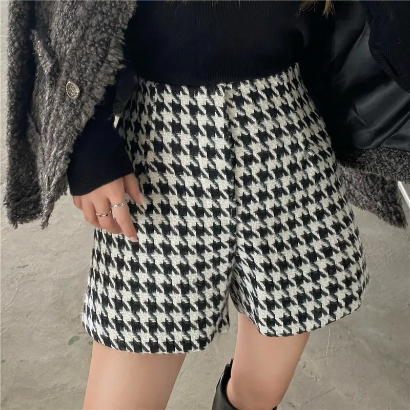 Pantaloncini di lana pied de poule Vintage donna inverno primavera  pantaloncini a gamba larga a vita alta Plus Size pantaloncini da donna neri  Femme|Shorts| - AliExpress