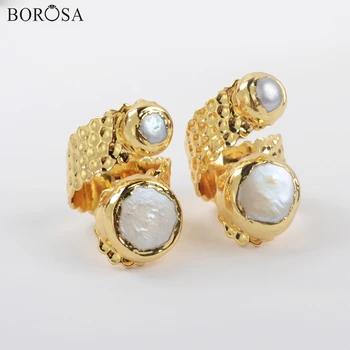 

BOROSA Design 5Pcs Fashion Gild Freshwater Pearls Ring Freeform Double Natural Pearl Bead Rings Jewelry for Wholesale G1925
