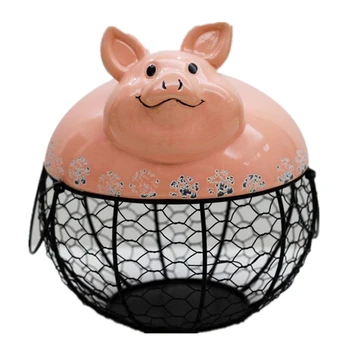 

Ceramic Egg Holder Chicken Wire Egg Basket Fruit Basket Collection Hen Oraments Decoration Kitchen Storage 19CMX22CM Pig