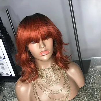 

360 Lace Frontal Human Hair Wigs Ombre Orange Brown Hair PrePlucked Remy Short Bob With Bangs Body Wave Brazilian Hair