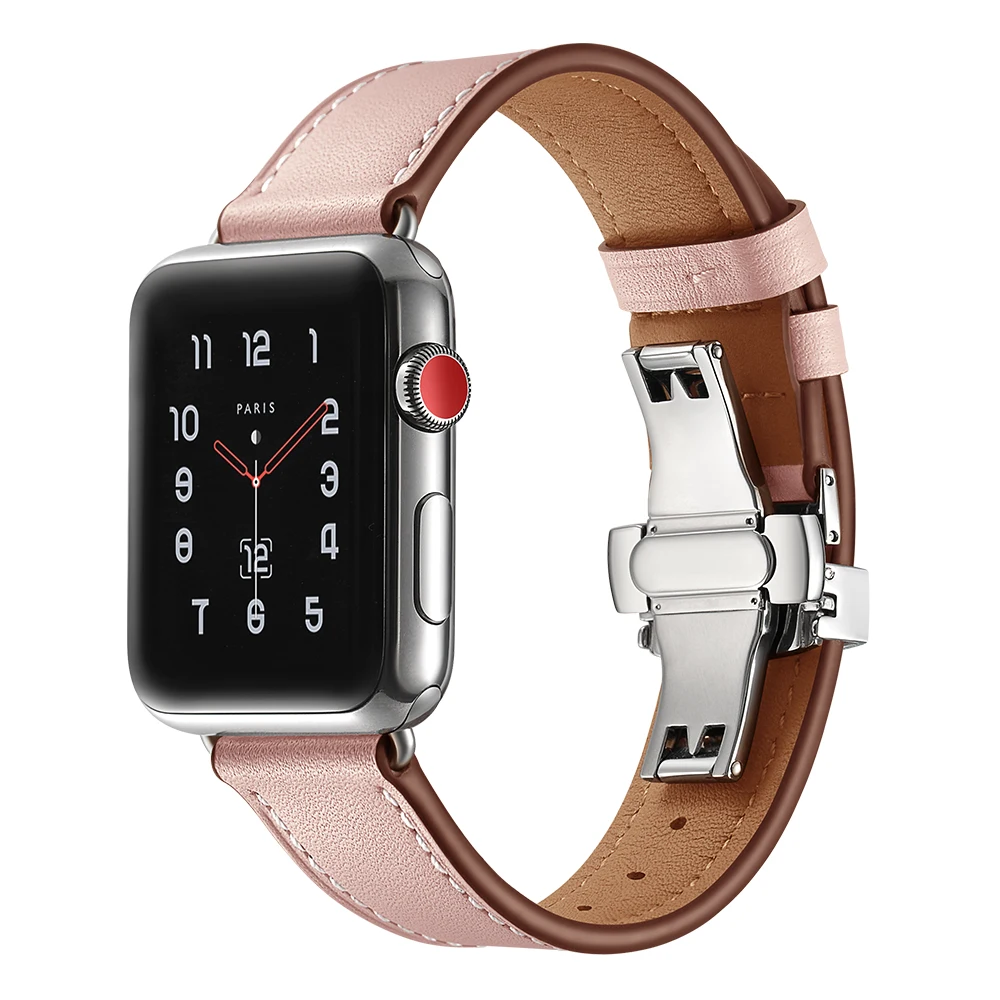 Кожаный ремешок для Apple Watch Series 5 4 44 мм 40 мм серебряная застежка-бабочка браслет ремешок для iWatch 3/2 42 мм 38 мм ремешок для часов