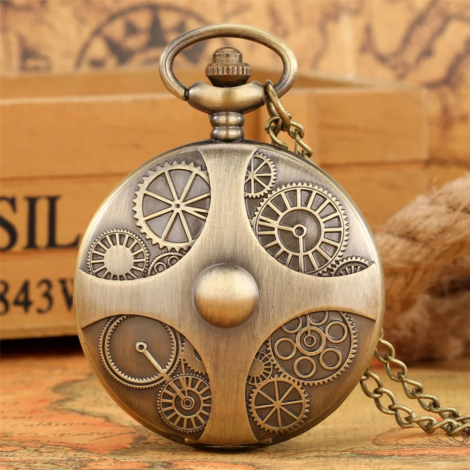 

Retro Bronze Gear Wheel Quartz Necklace Pocket Watch Exquisite Full Hunter Arabic Numerals Dial Pendant Pocket Clock Gifts