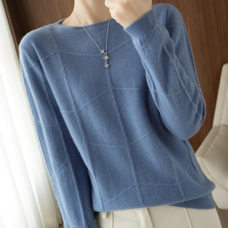 Autumn Winter New Ladies O-neck Long-Sleeved Knitted Pullover Cashmere Wool Checkered Pattern Sweater Casual Slim Bottoming sweater hoodie Sweaters