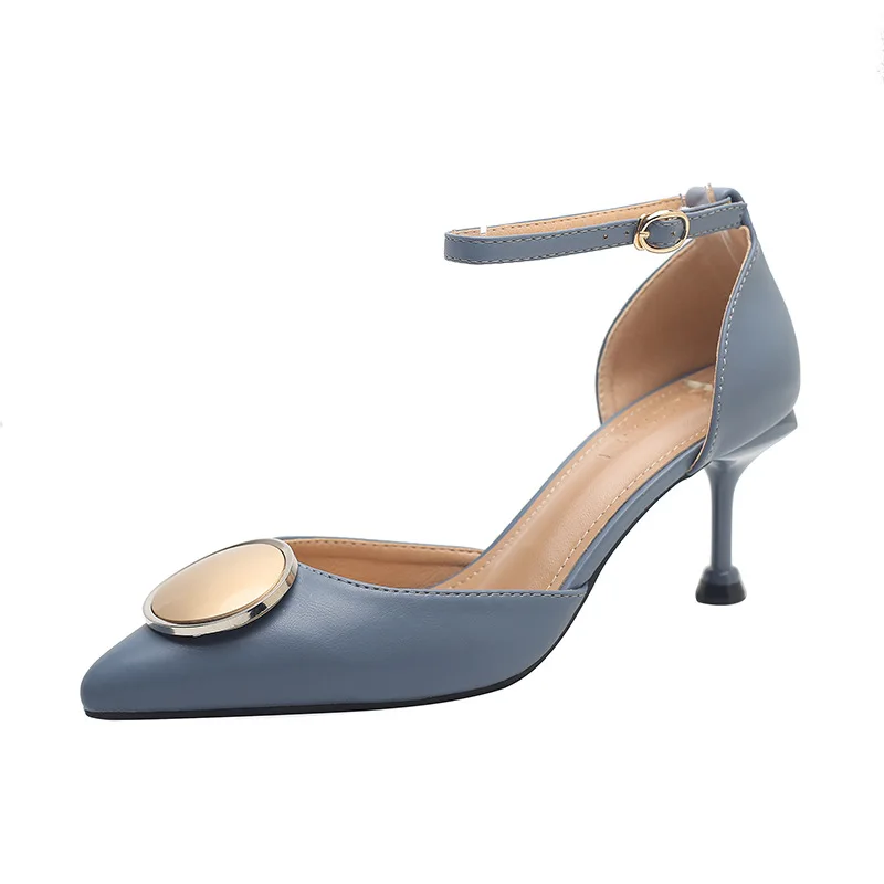 

570-41 Pointed Shoes Women's 2019 Summer New Style High Heel Shoes Sexy Thin Heeled round Buckle WOMEN'S Shoes-Versatile