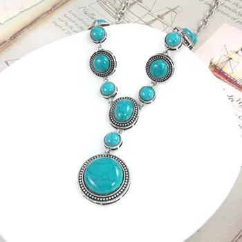 

Silver Plated Stackable Geometric Green Turquoises Stone Pendant Link Chain Necklace Fashion Jewelry