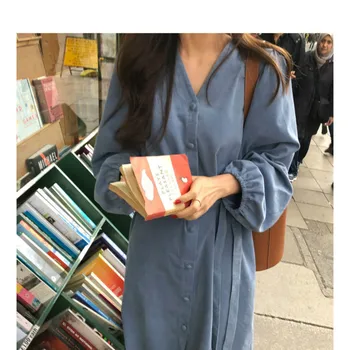 

Women Spring Autumn Long Sleeve Cordoroy Long Shirt Dress V Neck Loose Plus Size Single Breasted Dresses with Waistbelt