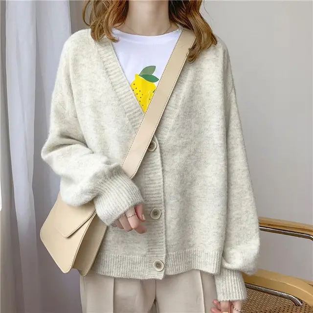 H.SA Women Sweater Cardigans Spring Solid Cashmere Sweater Coat Chic Korean style Casual Cardigans Roupa Jacket sueters mujer LM19313-B Light Grey