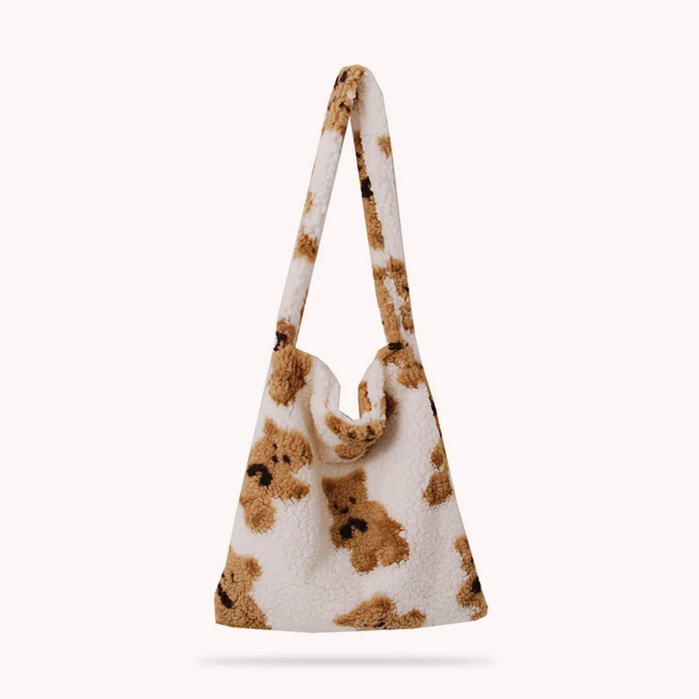 Fashion Exquisite Shopping Bag Cute Bear Print Top-handle Bag Female Autumn Fashion Plush Tote Shoulder Handbag