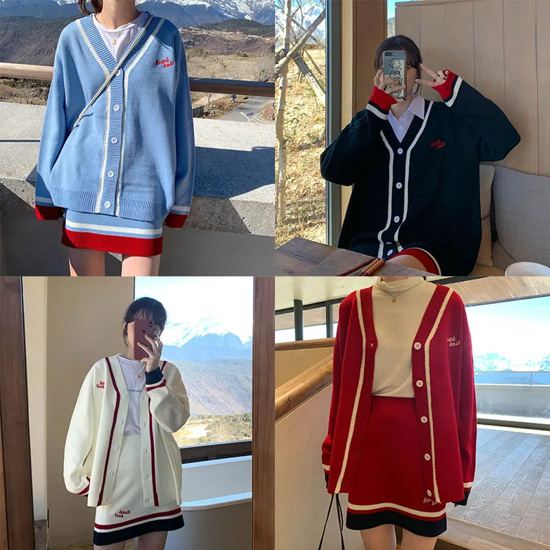 

4 color autumn Winter 2 Pcs Sweater Dress Set Women Letter embroidery cardigan+short two pieces Clothing Suit (X1226)