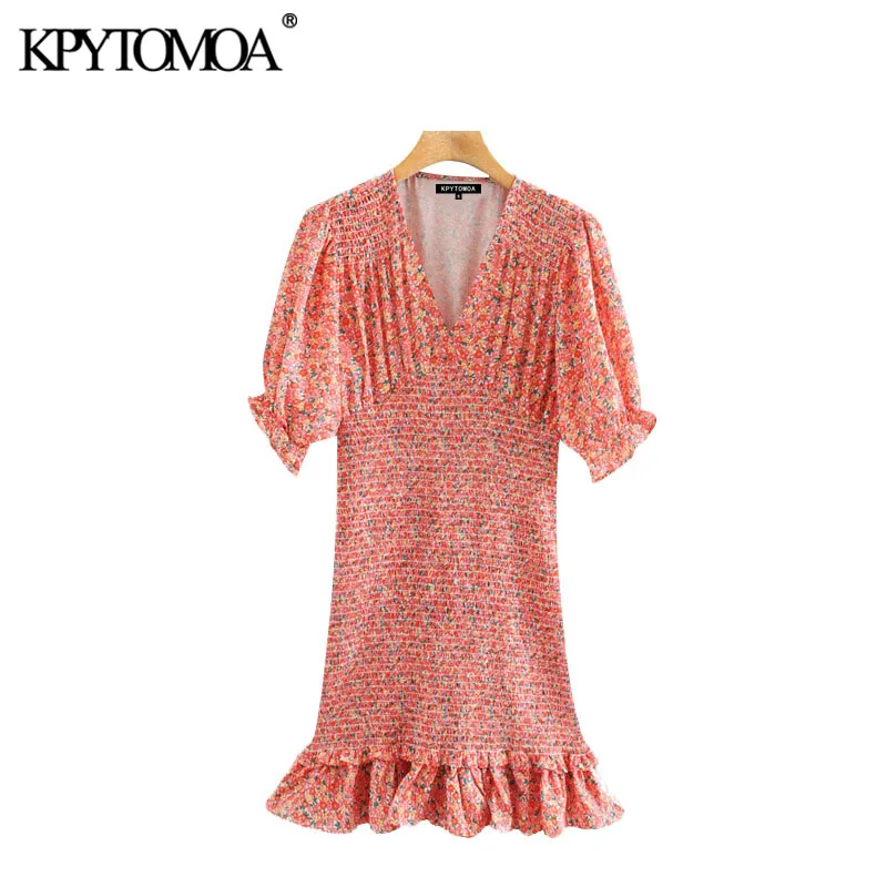 KPYTOMOA Women 2020 Chic Fashion Floral Print Elastic Smocked Mini Sheath Dress Vintage V Neck Ruffled Female Dresses Vestidos KPYTOMOA Women 2020 Chic Fashion Floral Print Elastic Smocked Mini Sheath Dress Vintage V Neck Ruffled Female Dresses Vestidos