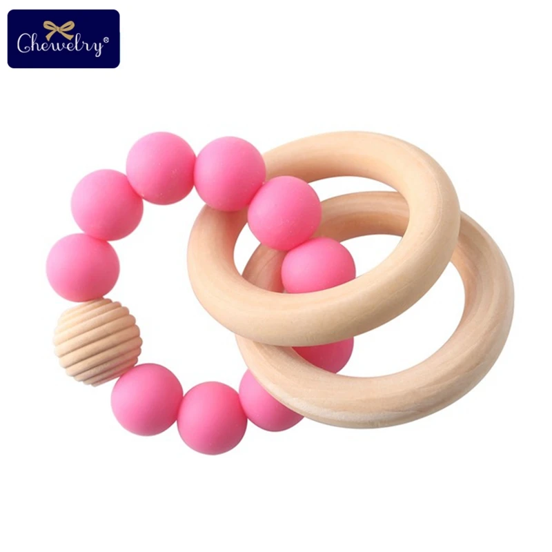 Hot pink Rattle Детский Прорезыватель 1 шт. деревянное кольцо для прорезывания зубов силиконовые бусины 15 мм Прорезыватели грызунок Прорезыватель детские погремушки игрушки для детей Товары для детей - Цвет: Hot pink Rattle
