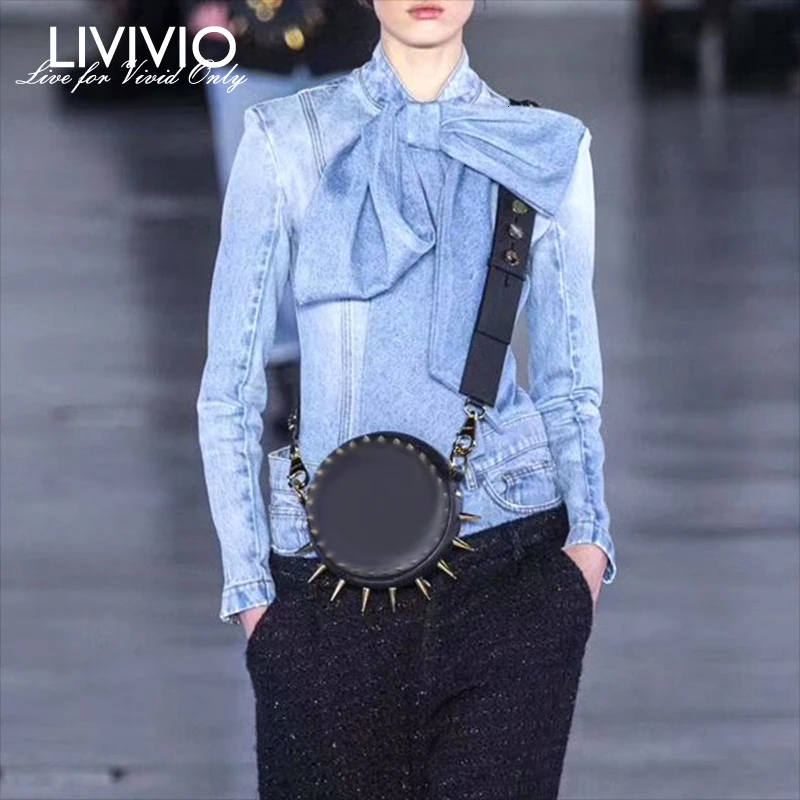 [LIVIVIO] уличная джинсовая женская рубашка с бантом, с длинным рукавом, Корейская блузка, Женская Осенняя модная одежда, Новинка