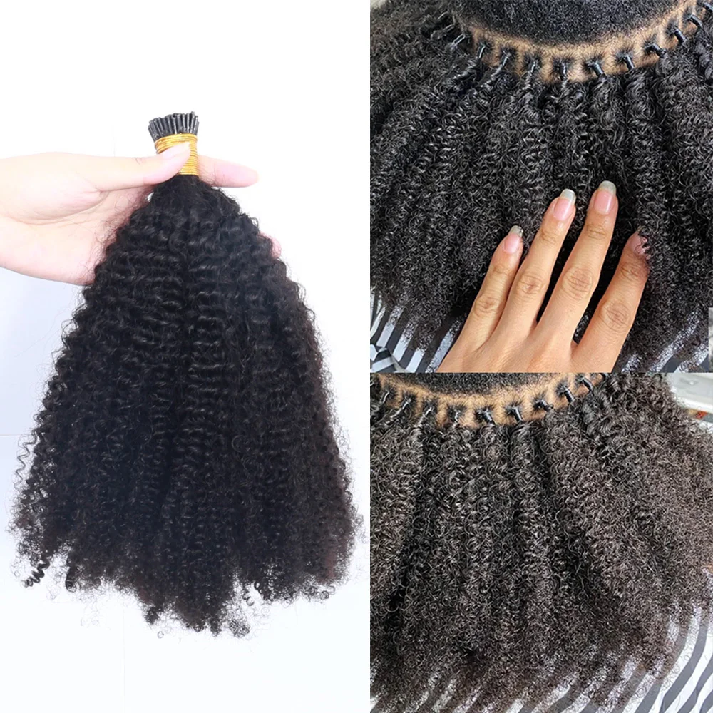 Extensões de cabelo humano afro brasileiro, com tip, encaracolado, de cor preta natural, em volume, para mulher negra