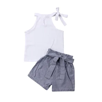 

Toddler Kids Infant Baby Girls Clothes Set Summer Sleeveless White Tops Striped Shorts Costume Clothing Cotton 2Pcs