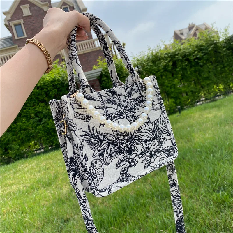 Elegant Female Pearl Tote bag Fashion High Quality Woolen Women Designer  Handbag