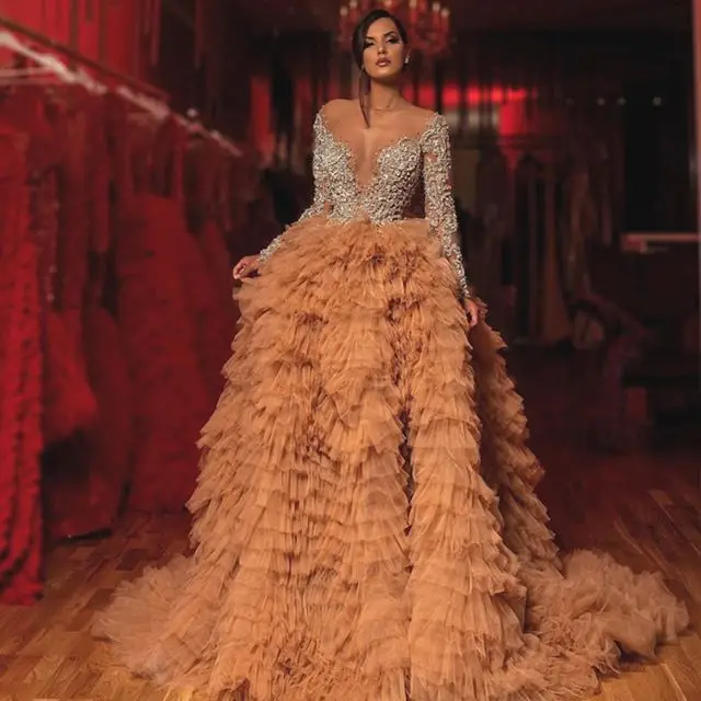 Vintage Lange Mouwen Avondjurken Scoop Sheer Hals Tiered Tutu Rokken Prom Dress Kralen Pailletten Vrouwen Formele Slijtage Partij Jassen Vintage Lange Mouwen Avondjurken Scoop Sheer Hals Tiered Tutu Rokken Prom Dress Kralen Pailletten Vrouwen Formele Slijtage Partij Jassen