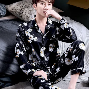 

Black Print Men 2PCS Pajamas Set Sleepwear Casual Soft Nightwear Bathrobe Long Sleeve Sleep Set Pijamas Suit Satin Homewear 3XL