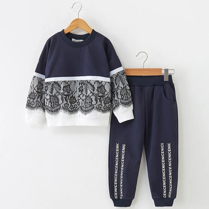 

2019 Autumn & Winter New Style Childrenswear Autumn Clothing Girls Lace Joint Hoodie Suit Lettered Trousers Children Two-Piece S